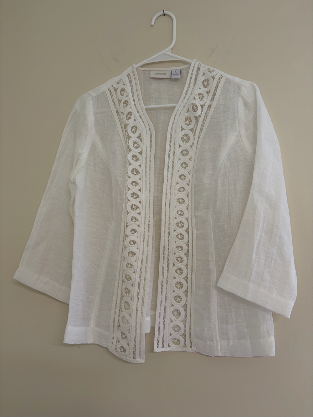 Chico's White Open-Front Linen Blend 3/4 sleeve Jacket